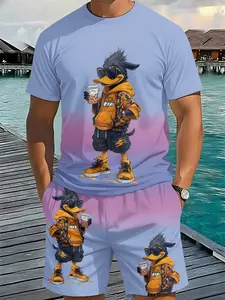 Cool Duck Trendy Drink Gradient, Men's 3D Digital Printing Two-Piece Set, 2Pcs, Trendy and Fashionable Set, Trendy Retro Casual Two-Piece Set, Vacation Style Trendy Outfit, Breathable Sports Casual Style, a Perfect Holiday Gift for Men