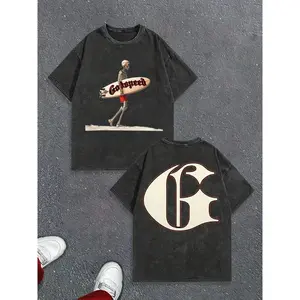 [Winter Outfits]Godspeed Surfing Skull Graphic Men'S T-Shirt - Dual-Sided Print, Washed Vintage Style, Gothic Hip-Hop Tee with Surfboard Design, Loose Fit Casual Summer Shirt for Streetwear & Casual Attire, Surf T Shirt, Urban Fashion, Durable Pr