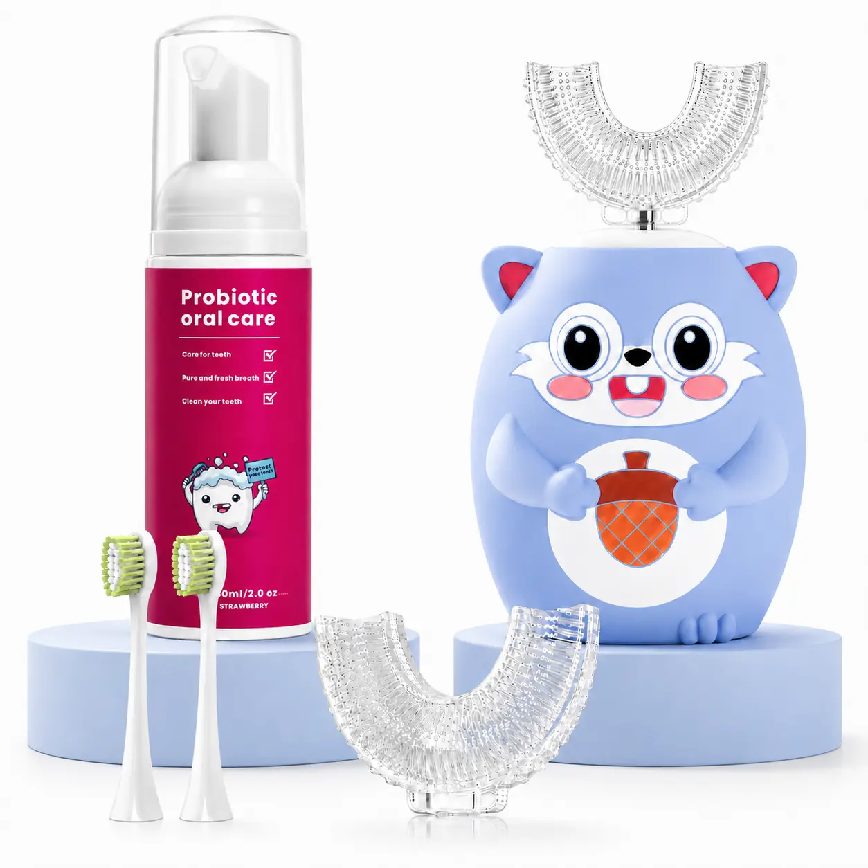 Kids U-Shaped Electric Toothbrush Set with Strawberry Foam Toothpaste, 2 Traditional Brush Heads & 2 U-Shaped Brush Heads, Cute Squirrel Oral Care Kit