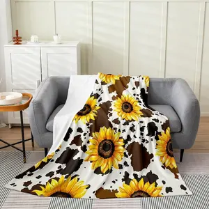Sunflower Cow Blanket for Kids Girls Youth,Rustic Cowhide Brown Throw Blanket with Yellow Floral Ultra Soft,40x50 Wildlife Farmhouse Cow Fleece Blanket Abstract Milk Cow Bed Blanket
