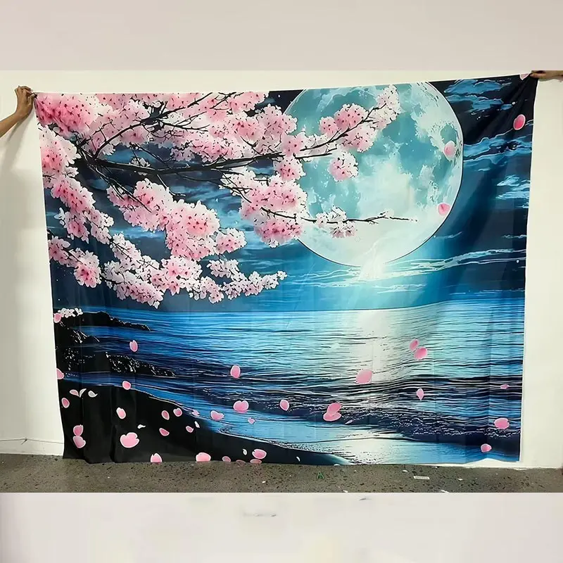 Cherry Blossom Moon Pattern Backdrop, 1 Count Romantic Polyester Backdrop, Photo Props Background Cloth, Party Decoration Supplies for Home Garden Party, Flower Banners, Flower Design