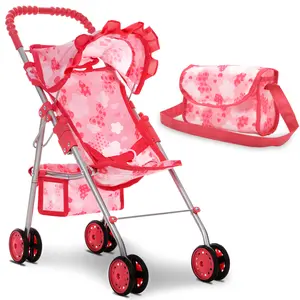 My First Baby Doll Stroller for Girls – Foldable Doll Buggy Carriage with Canopy, Storage Basket & Travel Diaper Bag – Pink Butterfly Pretend Play Stroller for Kids Ages 3+