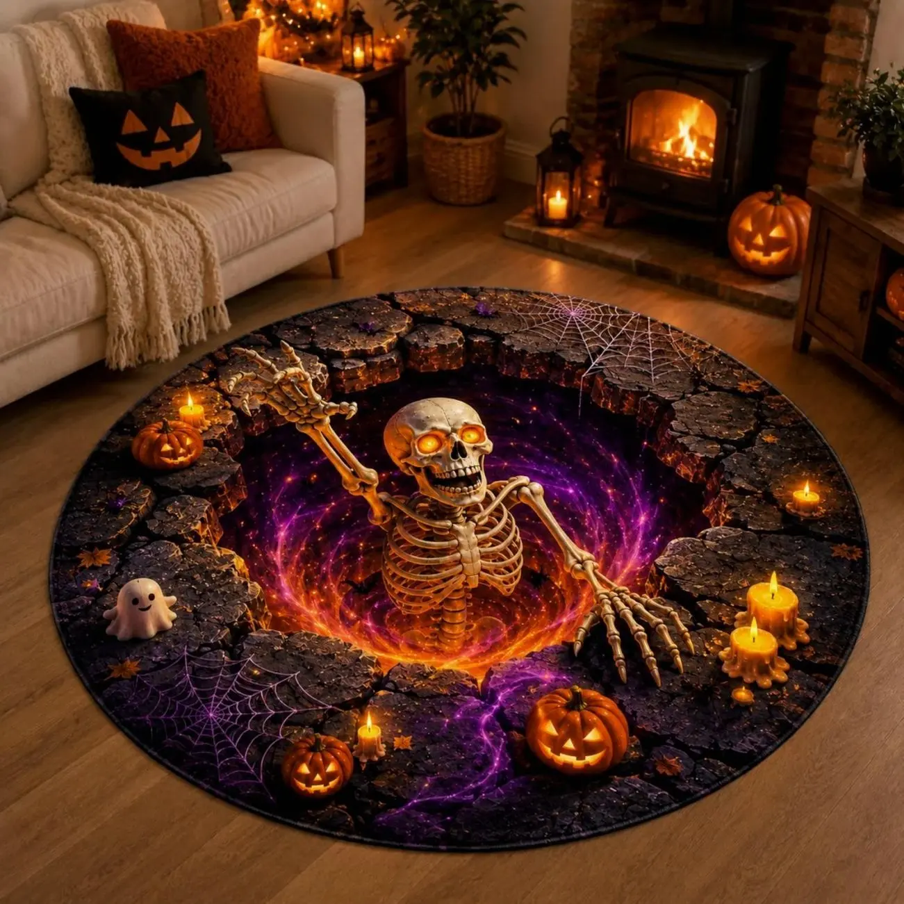 3D Illusion Skeleton Lava Pit Round Rug, Skeleton Hole Illusion Carpet, Pumpkin Ghost Floor Mat, Halloween Room Decor, Scary Party Rug