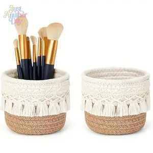 Macrame Tassel Woven Storage Basket, Cotton & Jute Round Organizer, Boho Desktop Holder for Makeup Brushes & Small Items
