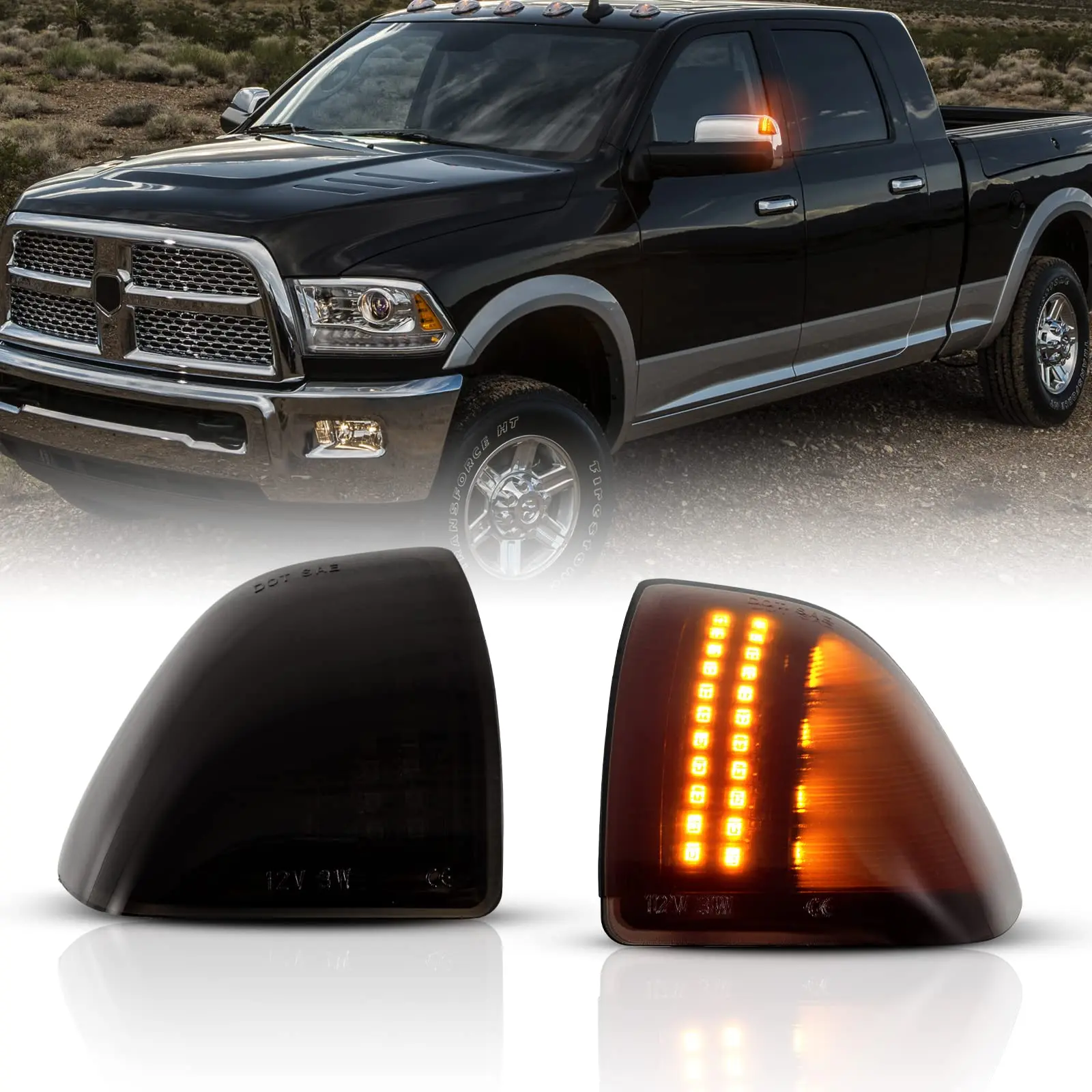Gempro High Brightness ABS Plastic LED Side Mirror Turn Signal Lights (2PCS) for 2010-2018 Dodge Ram 1500/2500/3500/4500/5500 Trucks, Smoked Lens Tow Mirror Lamps, Plug-and-Play, 68302828AA 68302829AA, Mirror Lights