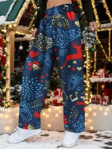 Christmas Lady Y2K Wide-Leg Pants - Reindeer Cartoon Print, High-Waisted Loose Straight Fit, Elastic Waistband, Festival Party Outfit, Four-Season Casual Christmas Clothing