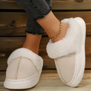 Comfortable Women's Winter Slippers - Suede Slip-Ons with Plush Collar Indoor Outdoor Shoes for Daily Wear