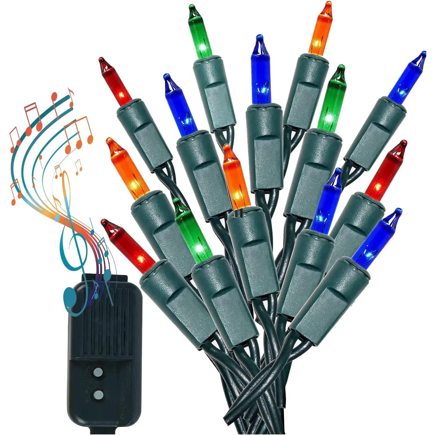 Indoor/outdoor Multi-color Musical Christmas Lights - Plays 25 Classical Holiday Songs 8 Function Chaser Green Wire 26 Ft Length  2" Space Between Bulbs