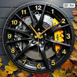 2D Flat Industrial Style Car Wheel Rim Wall Clock - 30.48cm Round Wall Clock, Black and Yellow Embellishments, Battery Operated (AA Batteries Not Included), Home and Kitchen Decoration, Modern Minimalist Design, Creative decorative clock