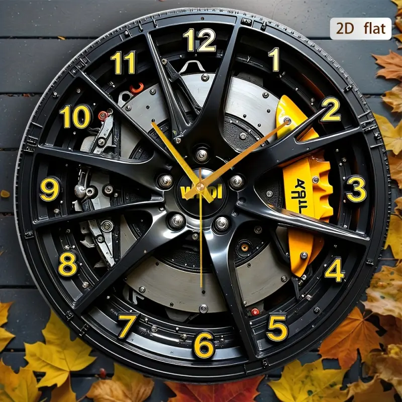 2D Flat Industrial Style Car Wheel Rim Wall Clock - 30.48cm Round Wall Clock, Black and Yellow Embellishments, Battery Operated (AA Batteries Not Included), Home and Kitchen Decoration, Modern Minimalist Design, Creative decorative clock