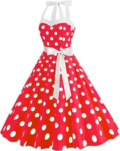Womens 50s Polka Dot Dress Mid Century Retro A-Line Fancy Dress for Adults with Halter Neck and Bow Detail