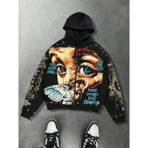 Printed zipper pullover suitable for both men and women, fully printed starry sky geometric aesthetic men's hooded sweatshirt, European and American street fashion warm sportswear, American retro casual street sportswearRAIMENTRY