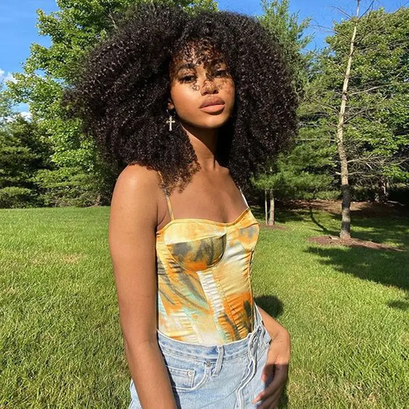 Afro Kinky Curly Human Hair Wig with Bangs for Women, 200% Density Brazilian Virgin Hair in Natural Color, Glueless Wear and Go No Lace Front, Female, Glueless Wigs, Human Wigs Glueless