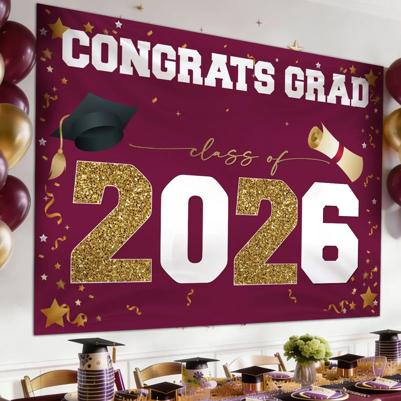 2026 Graduation Synthetic Polyester Banner - Large Wrinkle Resistant Casual-Style Slogan Print Congrats Grad Backdrop, Photo Booth Photo Wall Decoration for High School Commencement Party Supplies (Blue Gold), Classic