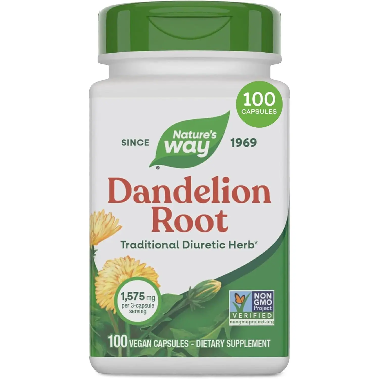 Nature's Way Dandelion Root Capsules, Traditional Diuretic Herb, 1,575 mg Dandelion Root per 3-Capsule Serving, Vegan Dandelion Root Supplement, Non-GMO Project Verified, 100 Capsules