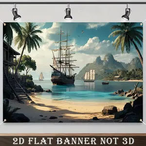 2D Flat Banner, 1pc Pirate Ship Polyester Wall Backdrop, Holiday Room Decor, No Electricity Needed, Birthday Party & Home Gift, Nautical Decor