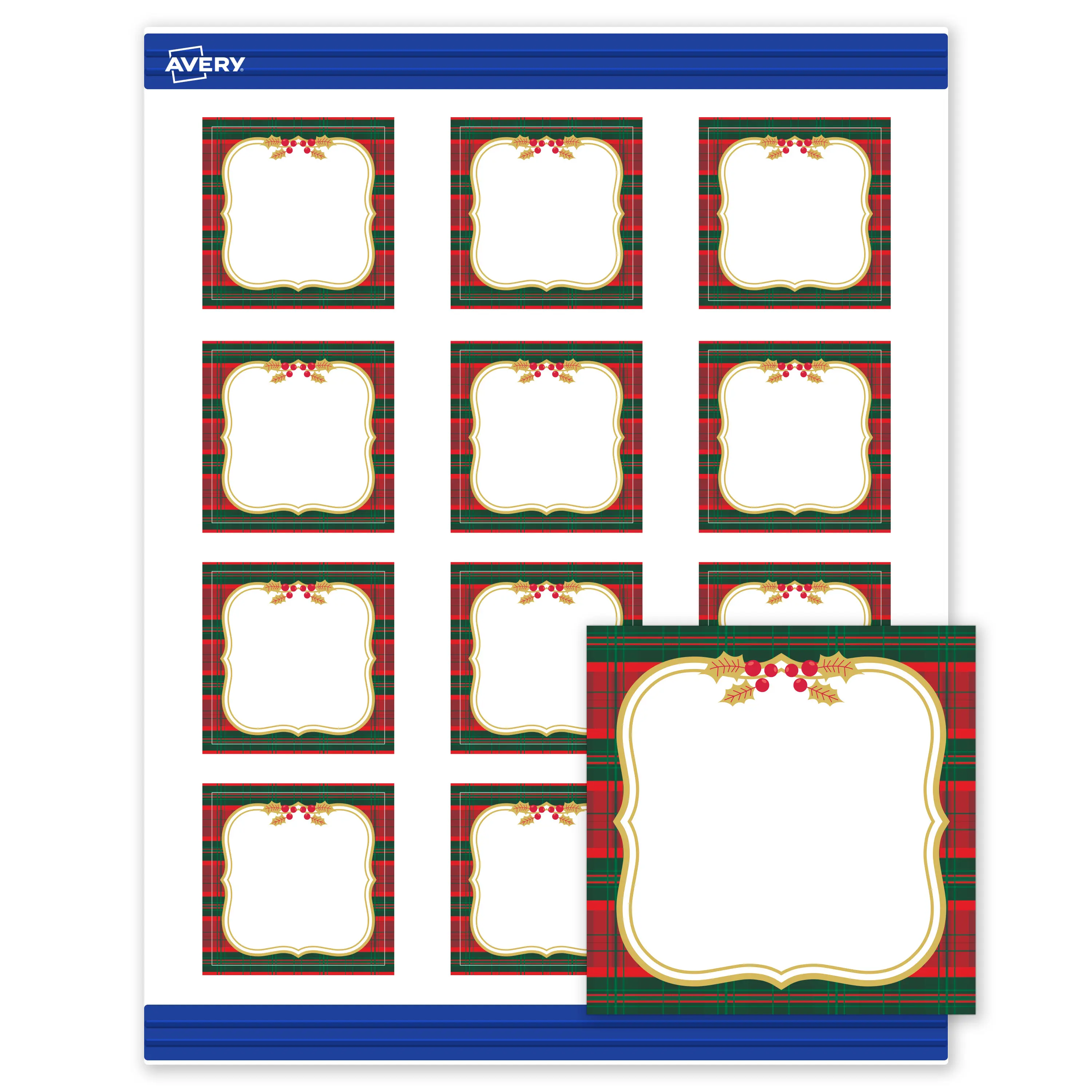 Avery® Printable Christmas Business Cards with Sure Feed® Technology, Square, 2" x 2", Pre-Printed Red & Green Plaid with Metallic Gold Frame Design, Matte White, Laser & Inkjet Compatible, 120 Total