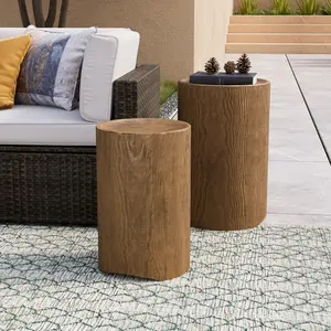 Concrete Side Table Set of 2, Outdoor Accent Table Patio in Woodgrain, Ceramic Side Table for Balcony, Courtyard, Round, Light Brown