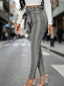 1Pc Plaid High-Waist Pants | Ruffle Waist with Bow Tie + Slim-Fit Skinny Pants, Casual Retro Style, Versatile Slimming Trousers for Daily Commute & Streetwear