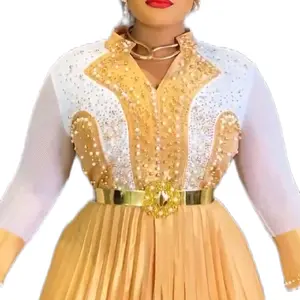 Elegant Beaded Gold and White Dress with Gold Belt for Special Occasions