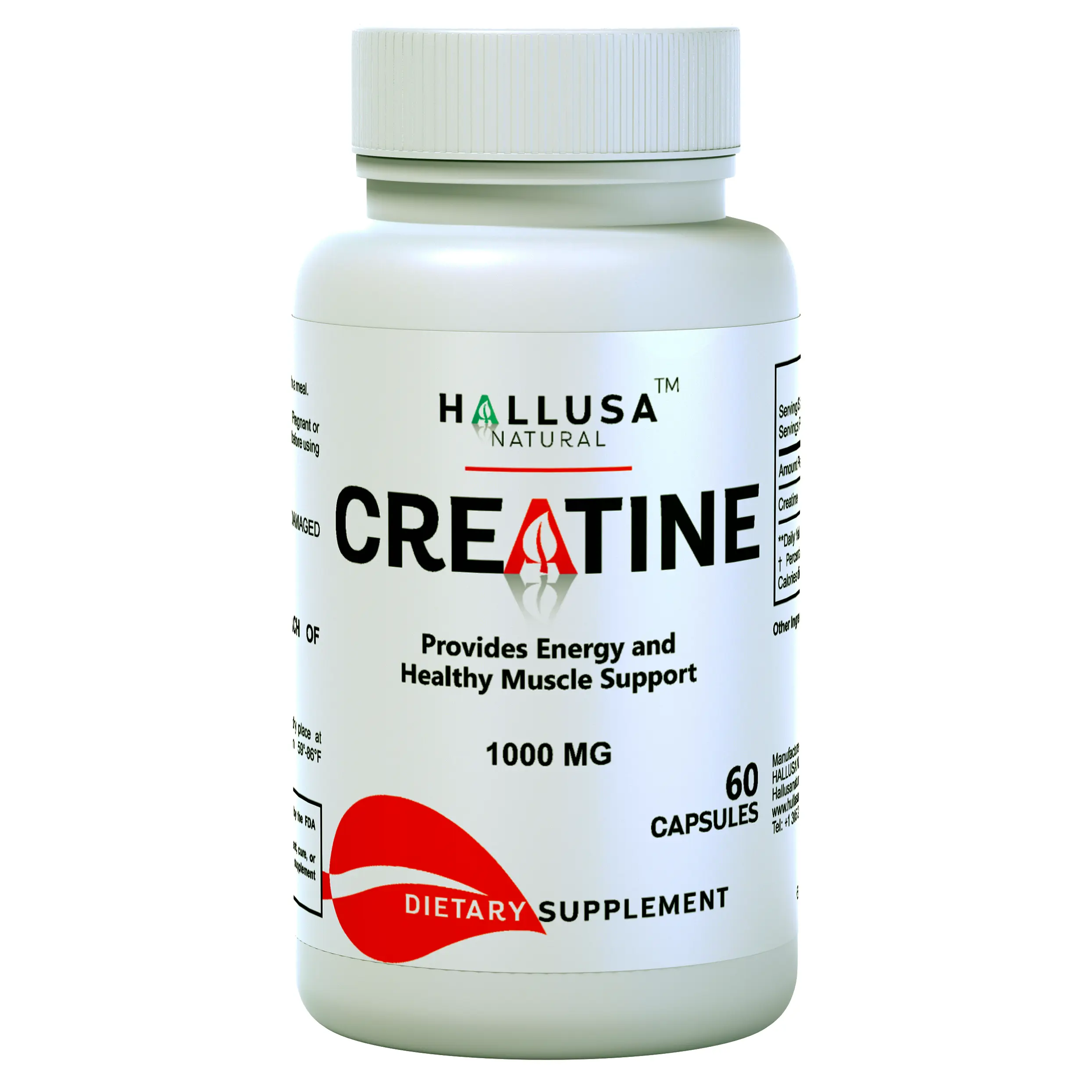 Hallusa Natural Creatine Monohydrate Capsules - 60 Count, 30-Day Supply, Organic Gluten-Free Fitness Nutrition Supplement for Muscle Building, Resistance & Recovery