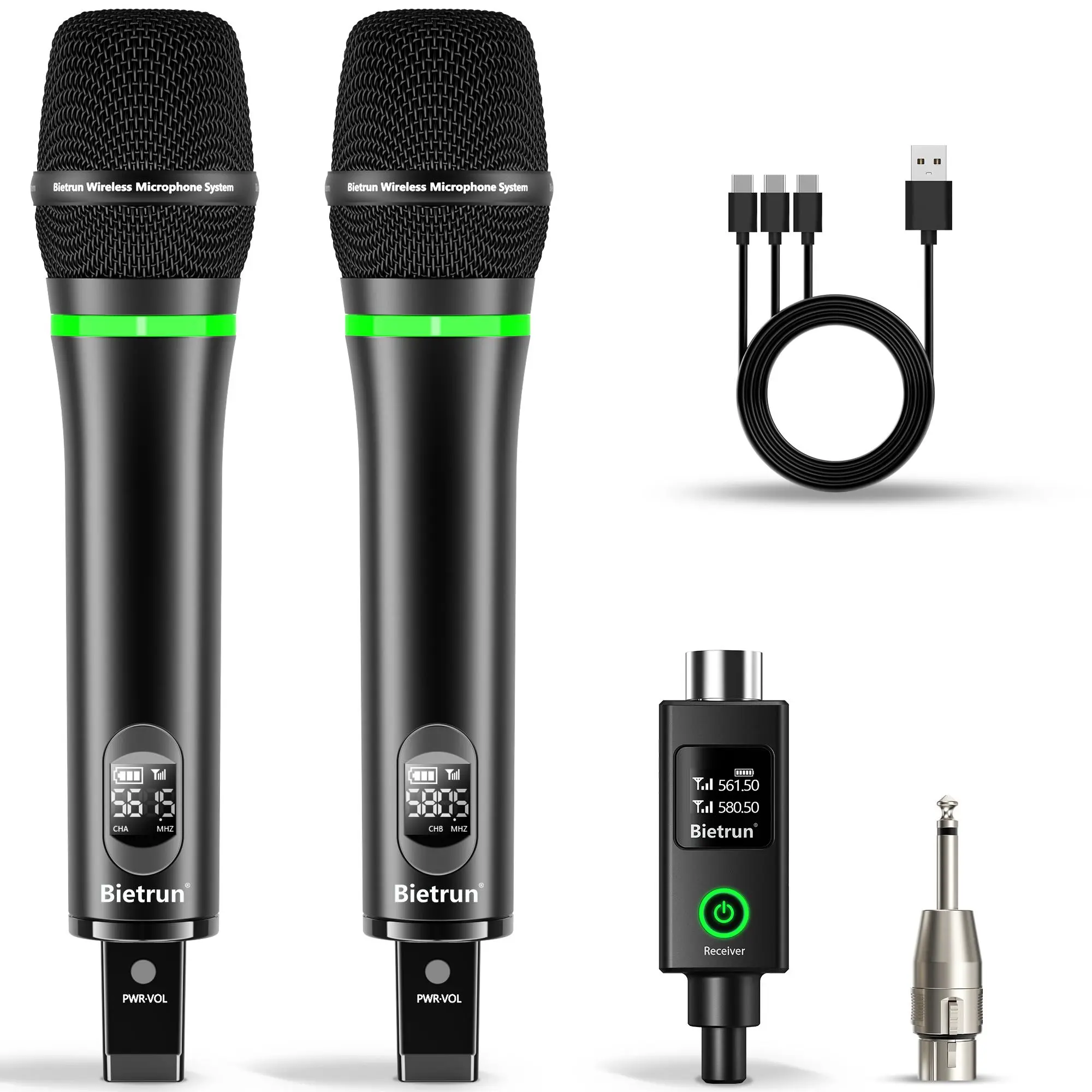 Bietrun XLR Wireless Microphone, Rechargeable Dual Metal Cordless Handheld Dynamic Mics for Mixer, Audio Interface, PA Amplifier System, Church, Singing, Karaoke(UHF 240FT Range)(with 6.35 Adapter) Cable Adjustable