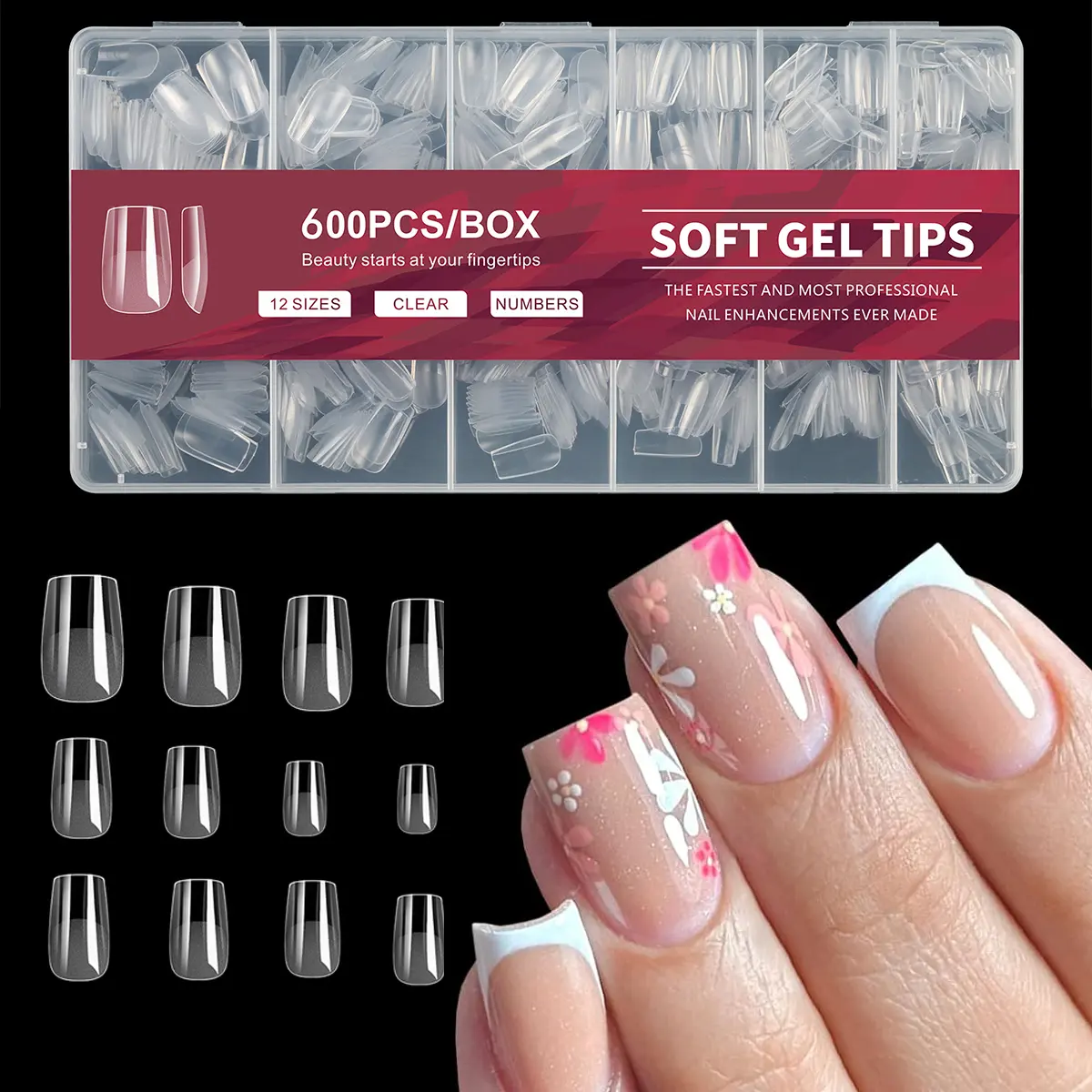 Short Square Nail Tips 600Pcs, 12 Sizes No Filing Needed Soft Gel Nail Tips Square Short, Clear Full Cover Pre-Buffed Acrylic Nail Extensions, Soak Off False Nails for DIY