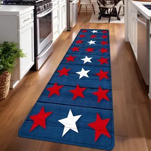1PC， Red and White Stars on Blue Background Patterned strip rugs, home décor, bathroom mats, entryway mats, bathroom non-slip mats, indoor entrance rugs, bedroom bedside mats, kitchen mats, hallway rugs, flannel sponge rugs, hallway runner rugs