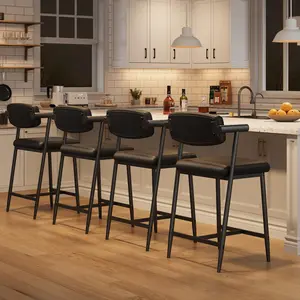 Garvee Counter Height Bar Stools of 4 with Armrests, 4 Piece Counter Height Bar Stools Set with Wood Back, Upholstered Seat & Metal Footrest for Kitchen Islands, Counter Bars, Retro Black