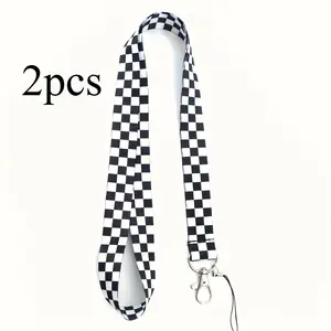 2pcs Black and White Checkered Lanyard | Long Neck Keychain with Gift Clip, Ideal for Work,Gym, Mobile, ID, Key Ring Additions, Made of Polyester Fiber