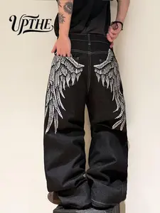 UP.THE Men Black Wide Leg Baggy Jeans Y2K Rhinestone Wing Embroidery Streetwear Vintage Loose Fit Casual Denim Pants