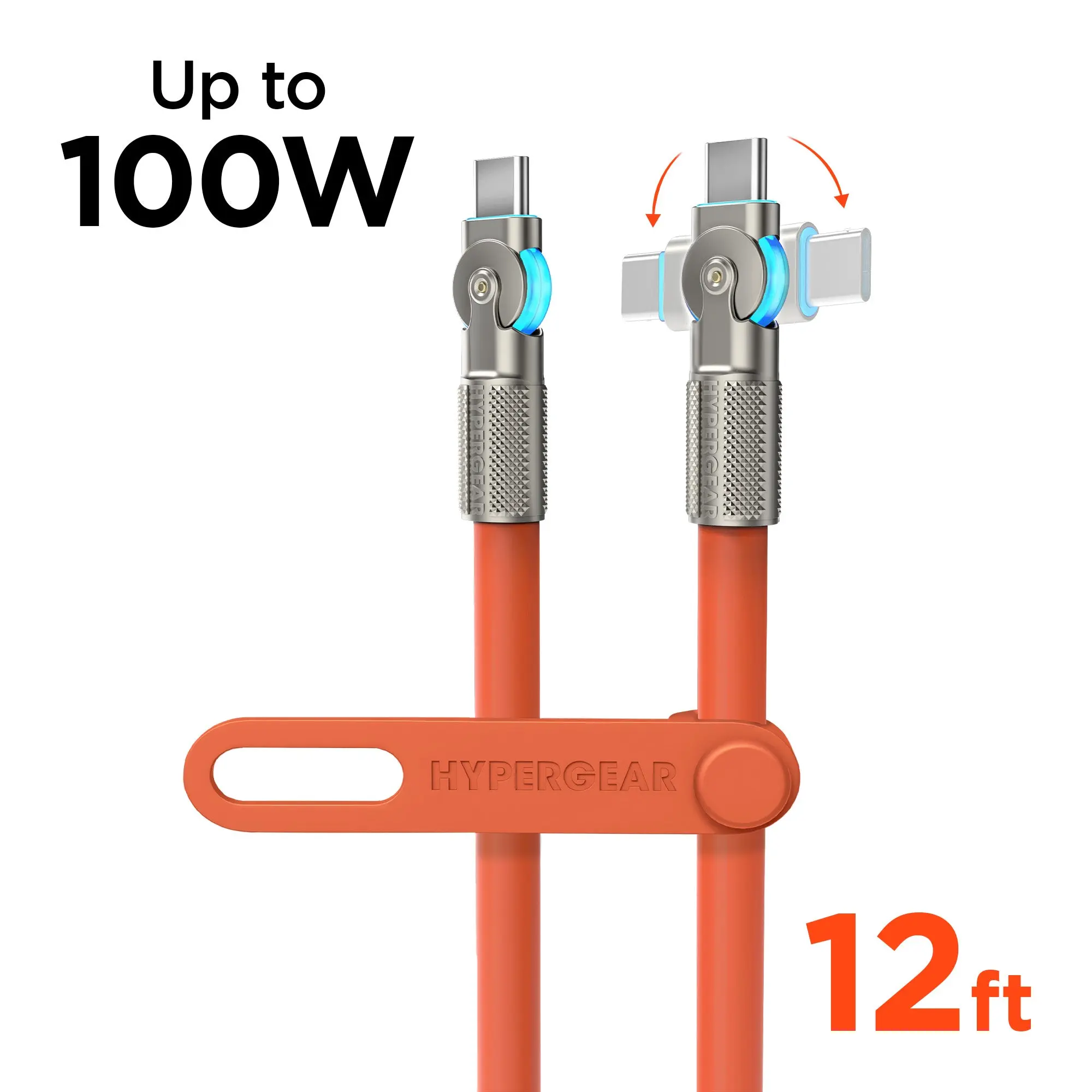 100W Chunky 180° Rugged USB-C to USB-C Charger Cable for Smartphone, Cellphone, 12ft Fast Charging Mobile Cable, Orange