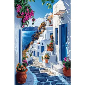 1PCS Diamond Painting Kit Santorini White Buildings Blue Doors Sea View DIY Embroidery Craft Home Wall D
