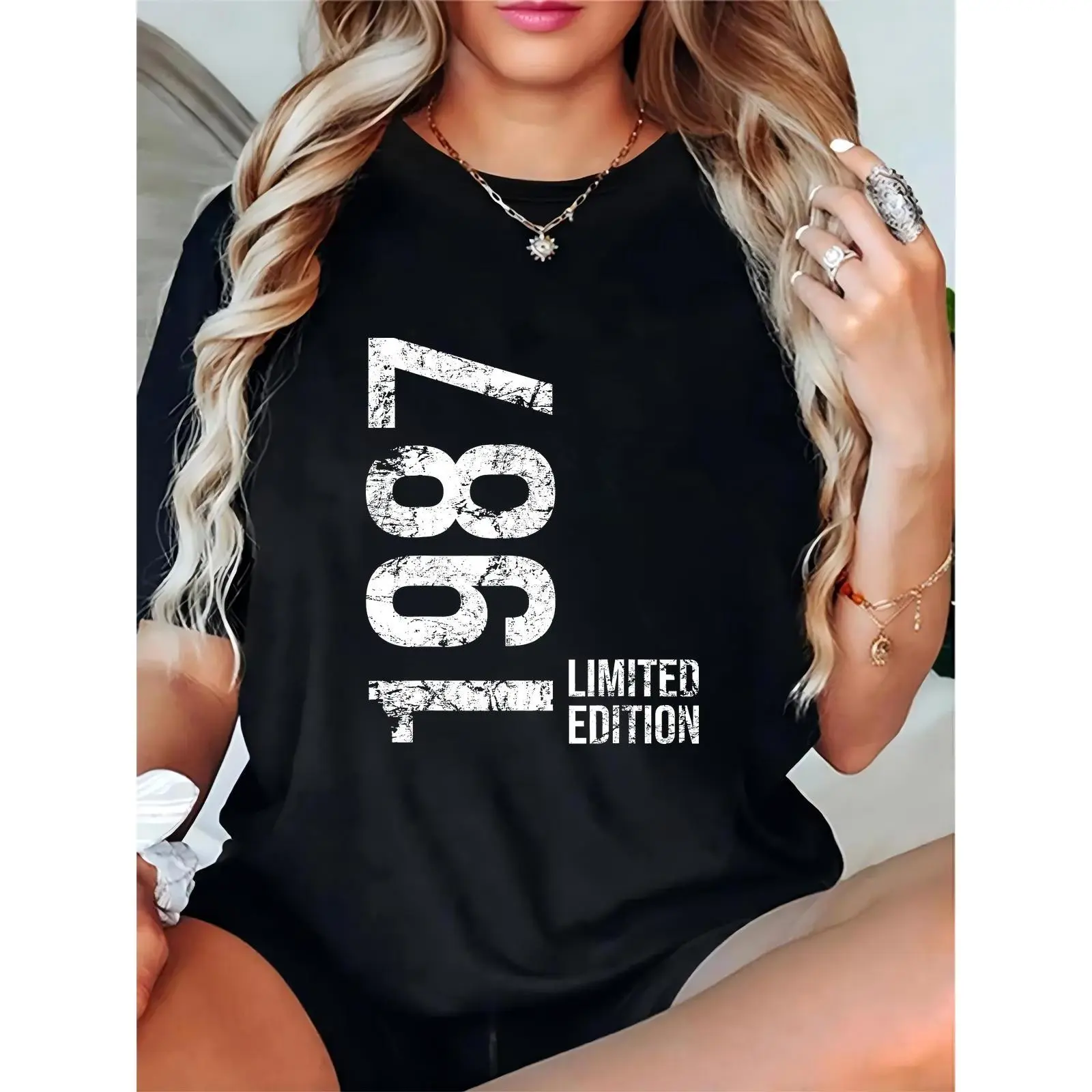Women’s Black Distressed 1987 Vertical Print Limited Edition T-Shirt, Casual Daily & Party Wear