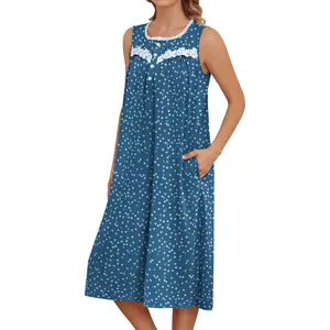 Nightgowns for Women with Pockets Button Down Sleeveless House Dress Pleated Long Moomoo Nightgown Sleepwear