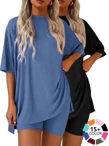 2026 European and American popular loose-fitting fashion Basic solid color casual short-sleeve shorts two-piece sports suit Women