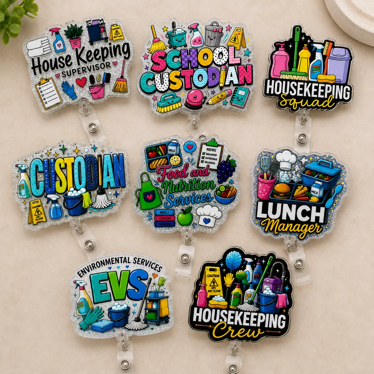 Housekeeping, custodian and food service badge reel collection, EVS school staff retractable ID badge holder, workplace appreciation accessory