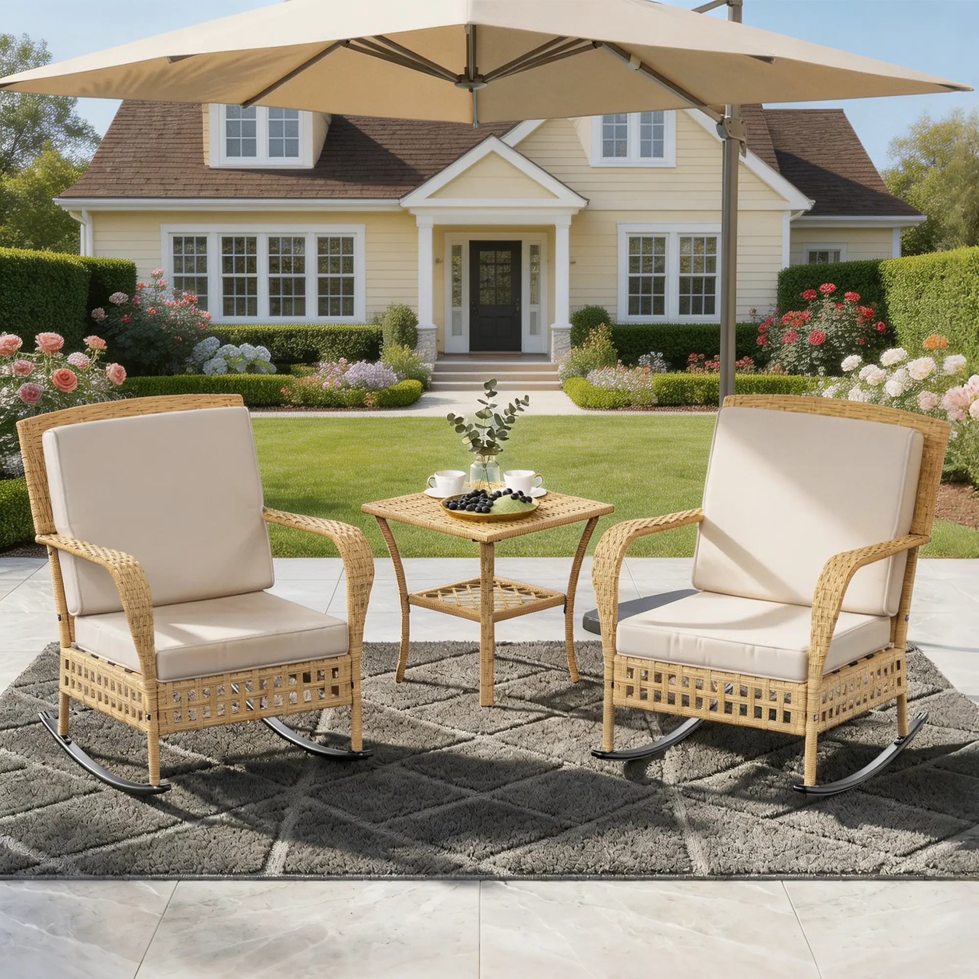 Outdoor Rocking Chair, 3 Pieces Wicker Rocking Bistro Set with Rattan Table, Rattan Rocking Chairs with Washable Cushions, Outdoor Wicker Chair for Garden Backyard Porch Poolside