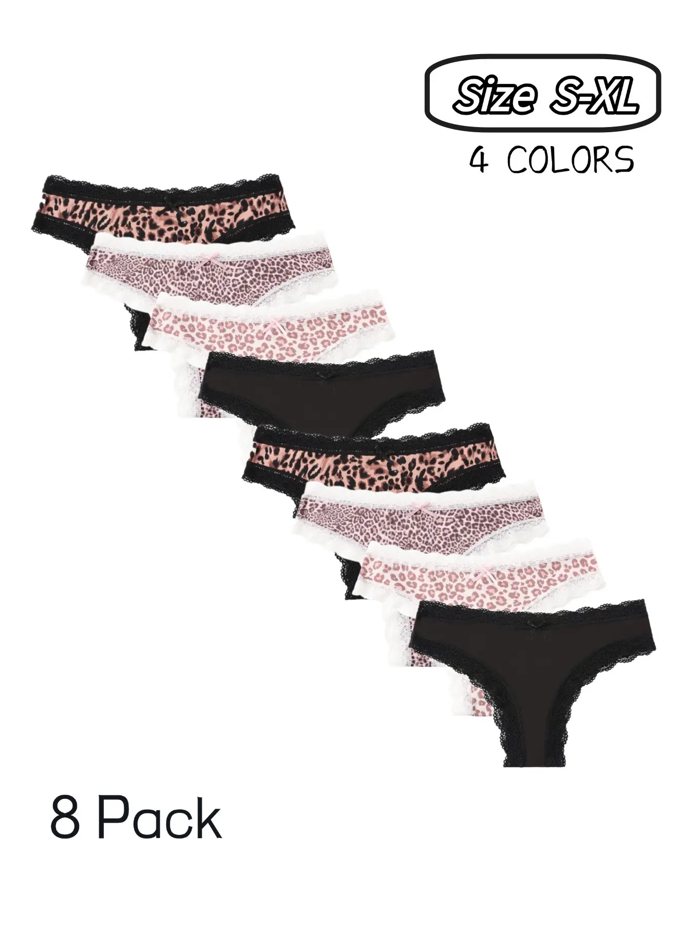 Women's Fashion Leopard Print Lace Low Waist Thong Panties, Romantic Bow Design, Comfortable Breathable Daily Underwear, 8 Pack, Comfy Breathable Panties