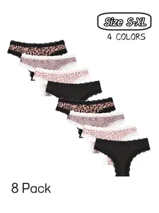 Women's Fashion Style Leopard Print Lace Low Waist Thong Panties, Romantic Bow Design, Comfortable Breathable Everyday Underwear, 8 Pack, Feminine