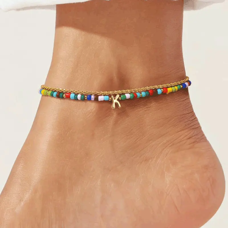 Women's Gold-Plated Dopamine Rainbow Tiny Bead Letter Ankle Bracelet, Adjustable Extension Chain, Summer Beach Costume Jewelry elegant design