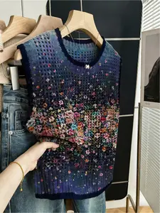 Spring and summer vacation bohemian style casual loose crew neck sleeveless hollow-out color-block trim khaki floral print women's knitted top, summer women's outdoor top vest cover-up, ladies summer knitted top, summer bikini cover-up, knitted cover-up