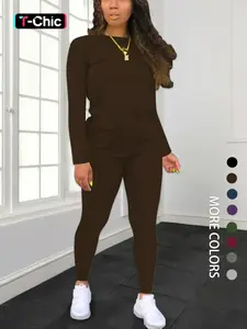 Women's Solid Long Sleeve Fitted Tee & Elastic Waist Pants Set, Casual Round Neck Top & Trousers for Spring & Fall, Women's Clothing for Daily Wear