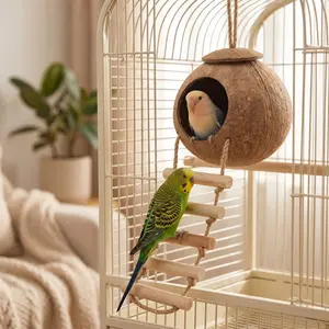 Vintage Natural Coconut Shell-Grass Woven Bird Nest, Outdoor Breeding Supplies for Parakeets, Pet Bird Cage Accessories