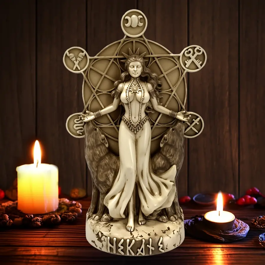 Hecate Goddess Statue, Mystery Dark Style Desktop Decoration, Tabletop Decor, Resin Ornament, Wolf Spirit Figurine, Star Moon Symbol Details, for Mystics & Gothic Lovers, Dark Aesthetic