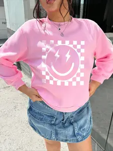 Smile Plaid Holiday Casual Knitted Fleece Pullover Sweatshirt, Fall & Winter Geometric Print Hoodie, Loose-Fit Thick Knit Fabric