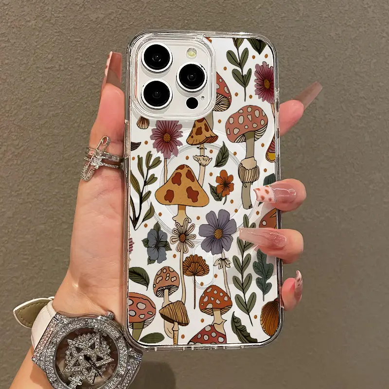 Magnetic Soft Case for iPhone 11 12 13 14 15 16 17 Pro Max, Mushroom Flowers Collage MagSafe Compatible, Y2K Aesthetic Pattern Design, Lightweight, Anti‑Scratch, Trendy Shockproof Protective Cover