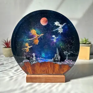 Dragons In The Night Sky Figurines - With LED Light Inside - Resin and Wood Art- Personalized Gifts