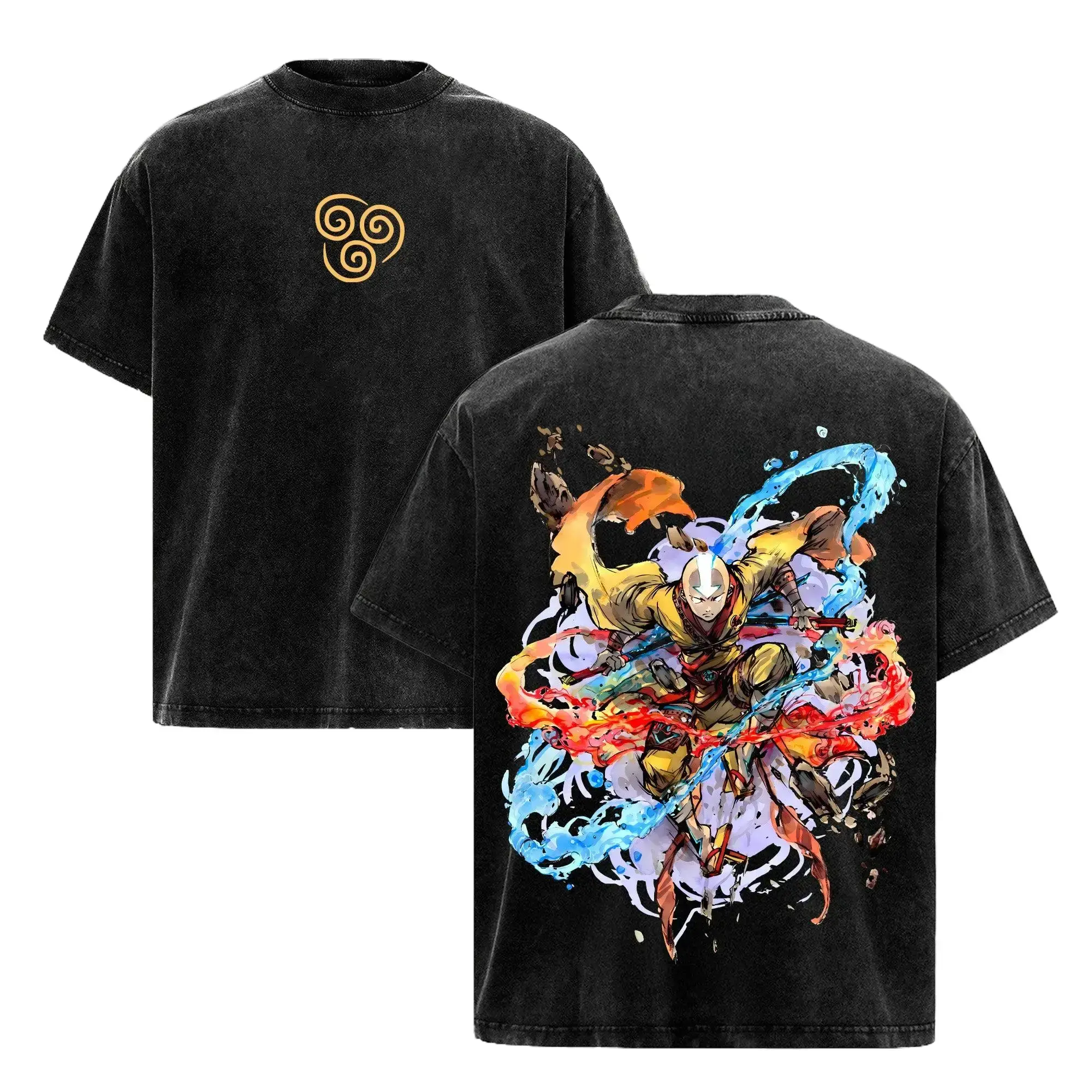 Vintage Acid Wash Avatar Graphic Tee - Aang Airbender T-Shirt for Men & Women, Retro Anime Top, 90s Graphic American Casual Short Sleeve Tee | Premium Soft Cotton Classic Unisex T-Shirt for Daily, Gym & Streetwear | Oversized Vintage Anime Washing T-Shirt