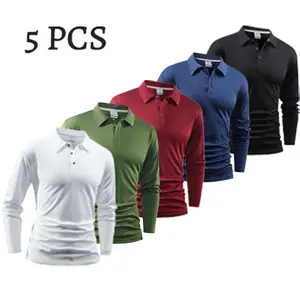 Men's 5 PCS Multi-Color Long-Sleeve Polo Shirts Set, Slim-Fit Breathable Tops for Casual & Daily Wear